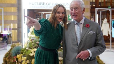 Britain's Prince Charles speaks with fashion designer and sustainability advocate Stella McCartney as he views a fashion installation by the designer, at the Kelvingrove Art Gallery and Museum, during the UN Climate Change Conference (COP26), in Glasgow, Scotland, Britain November 3, 2021. Owen Humphreys/Pool via REUTERS  